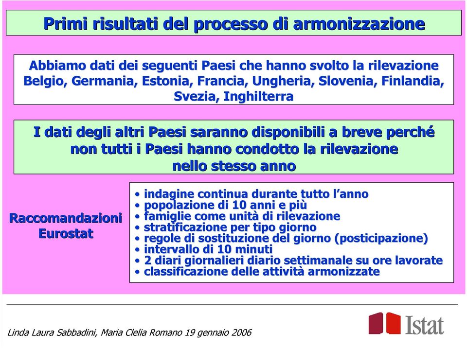 anno Raccomandazioni Eurostat indagine continua durante tutto l annol popolazione di 10 anni e più famiglie come unità di rilevazione stratificazione per tipo