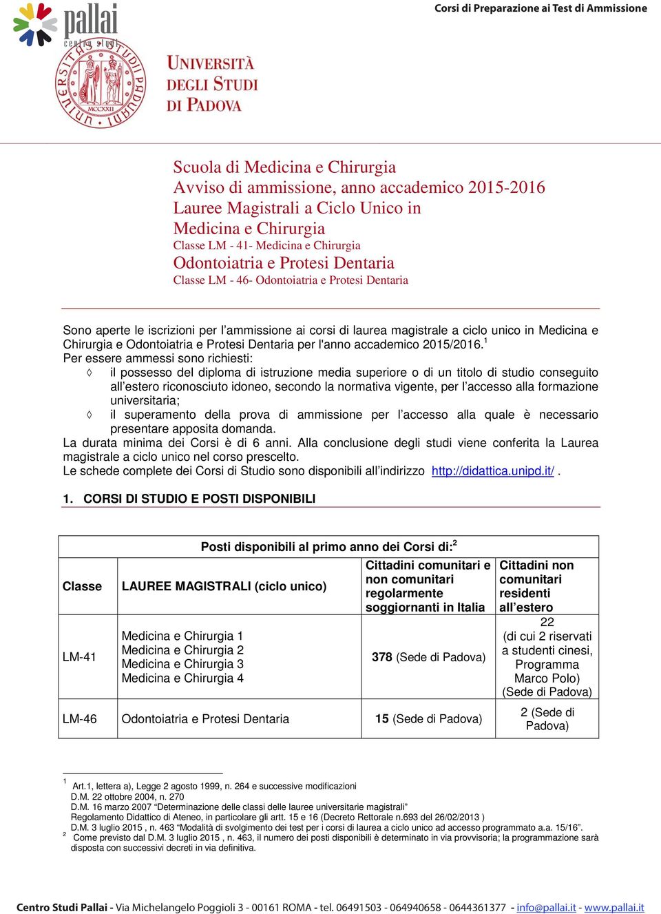 Dentaria per l'anno accademico 2015/2016.