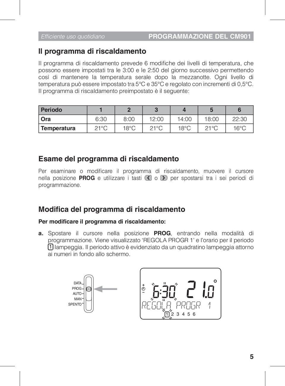 Ogni livello di temperatura può essere impostato tra 5 C e 35 C e regolato con incrementi di 0,5 C.