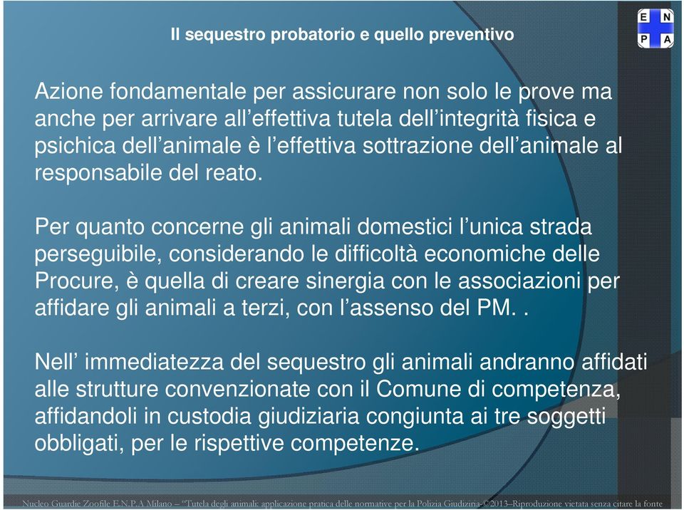 Per quanto concerne gli animali domestici l unica strada perseguibile, considerando le difficoltà economiche delle Procure, è quella di creare sinergia con le associazioni per