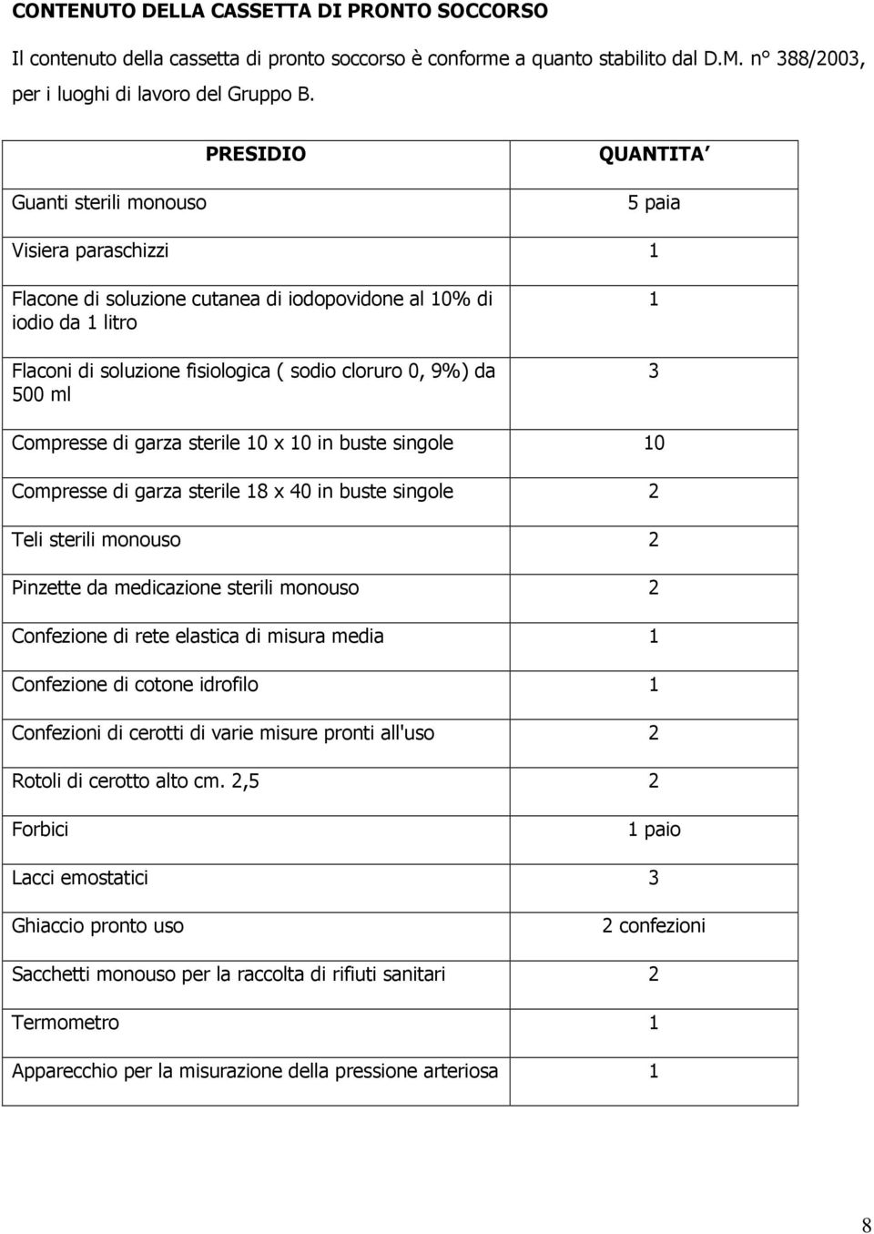 da 500 ml 1 3 Compresse di garza sterile 10 x 10 in buste singole 10 Compresse di garza sterile 18 x 40 in buste singole 2 Teli sterili monouso 2 Pinzette da medicazione sterili monouso 2 Confezione