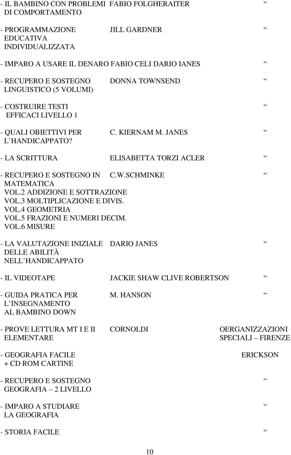 2 ADDIZIONE E SOTTRAZIONE VOL.3 MOLTIPLICAZIONE E DIVIS. VOL.4 GEOMETRIA VOL.5 FRAZIONI E NUMERI DECIM. VOL.6 MISURE - LA VALUTAZIONE INIZIALE DARIO JANES DELLE ABILITÀ NELL HANDICAPPATO - IL VIDEOTAPE JACKIE SHAW CLIVE ROBERTSON - GUIDA PRATICA PER M.