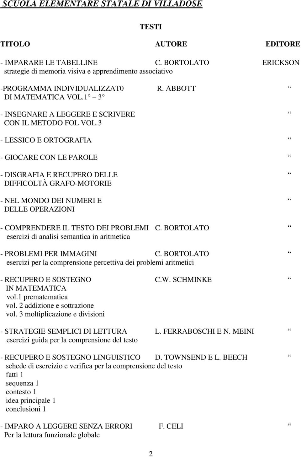 3 - LESSICO E ORTOGRAFIA - GIOCARE CON LE PAROLE - DISGRAFIA E RECUPERO DELLE DIFFICOLTÀ GRAFO-MOTORIE - NEL MONDO DEI NUMERI E DELLE OPERAZIONI - COMPRENDERE IL TESTO DEI PROBLEMI C.