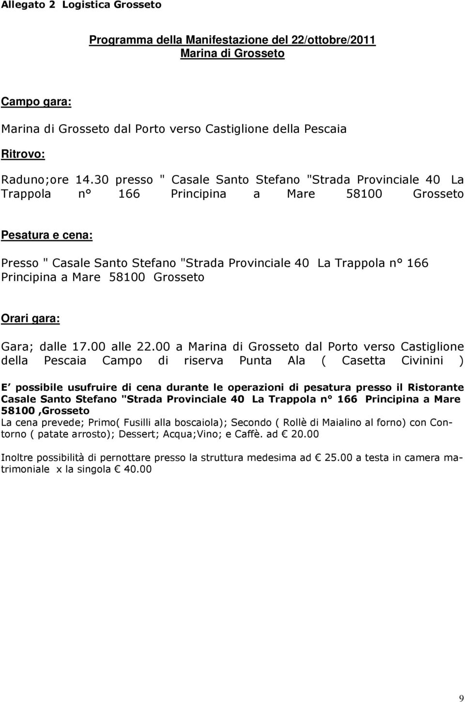 Principina a Mare 58100 Grosseto Orari gara: Gara; dalle 17.00 alle 22.