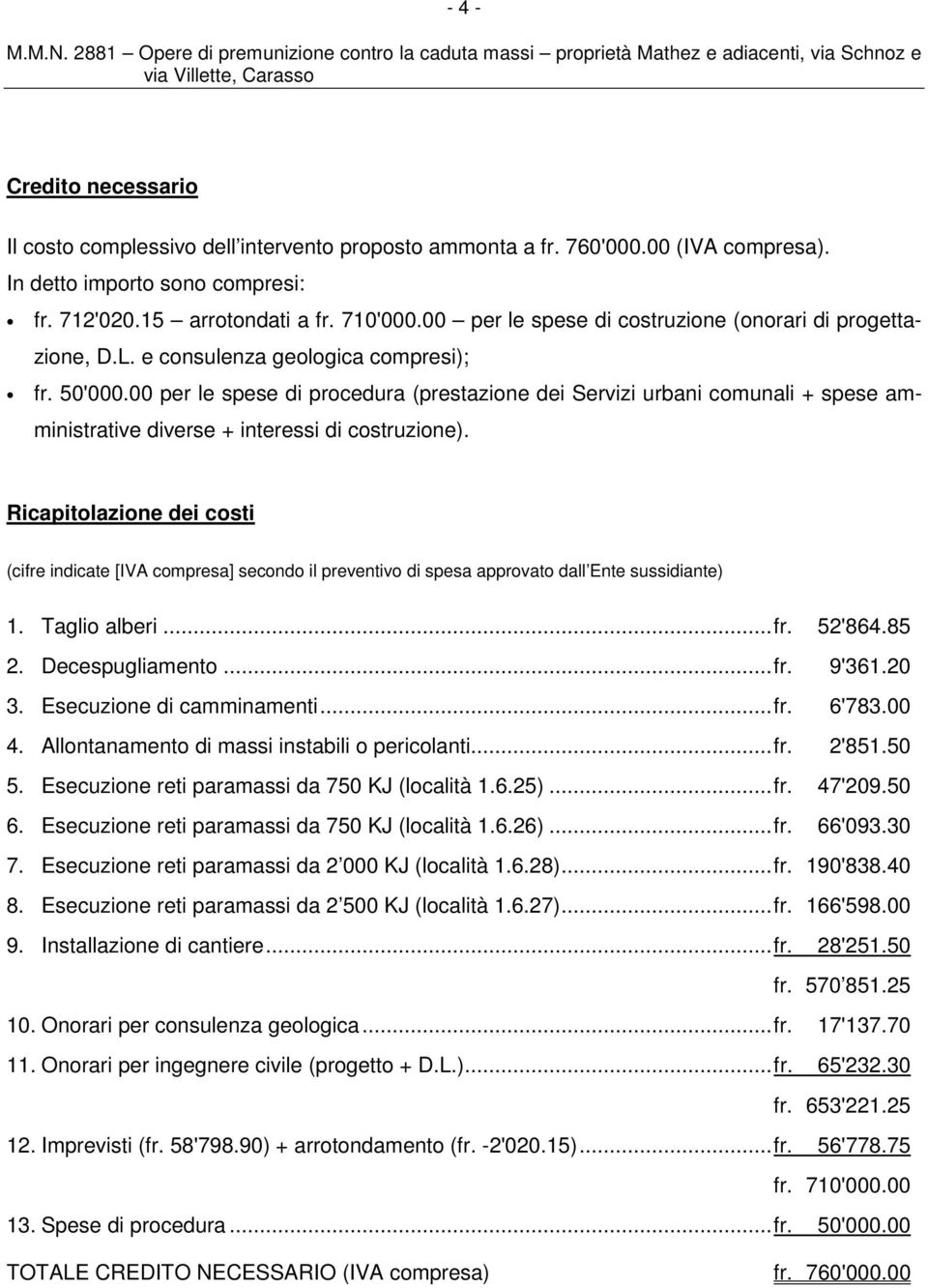 00 per le spese di procedura (prestazione dei Servizi urbani comunali + spese amministrative diverse + interessi di costruzione).