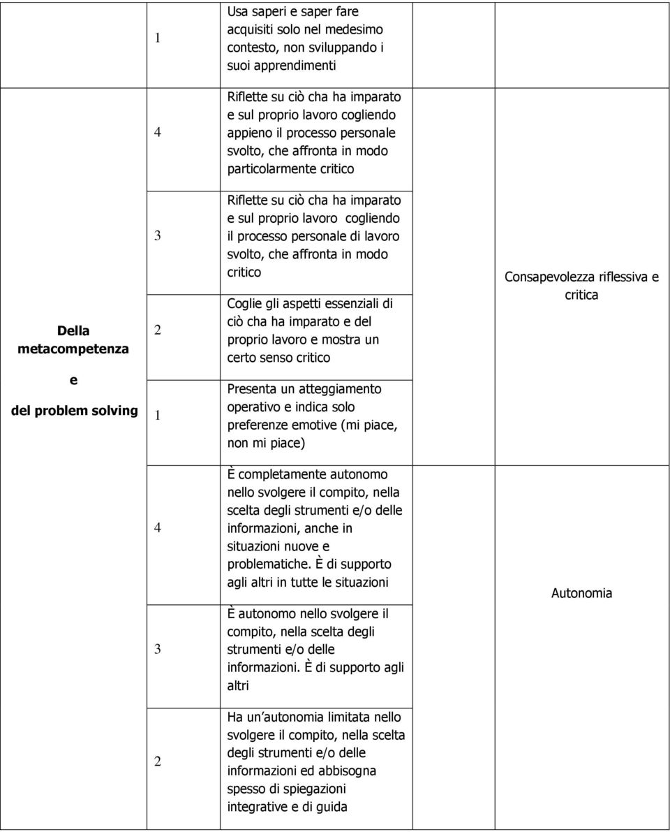 Coglie gli aspetti essenziali di ciò cha ha imparato e del proprio lavoro e mostra un certo senso critico Consapevolezza riflessiva e critica e del problem solving Presenta un atteggiamento operativo