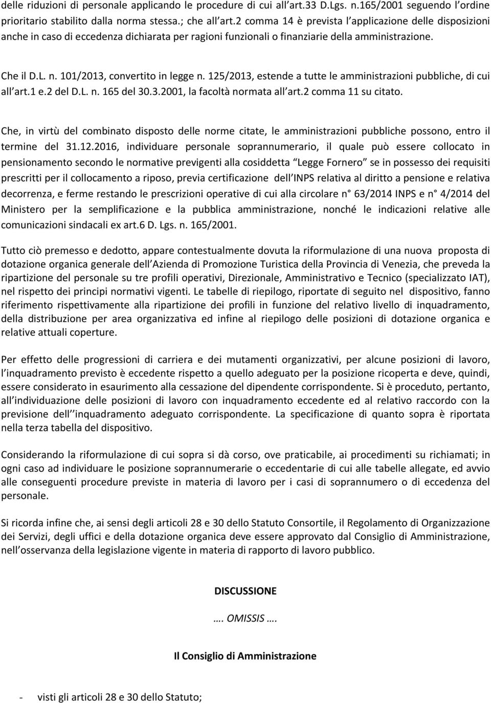 101/2013, convertito in legge n. 125/2013, estende a tutte le amministrazioni pubbliche, di cui all art.1 e.2 del D.L. n. 165 del 30.3.2001, la facoltà normata all art.2 comma 11 su citato.