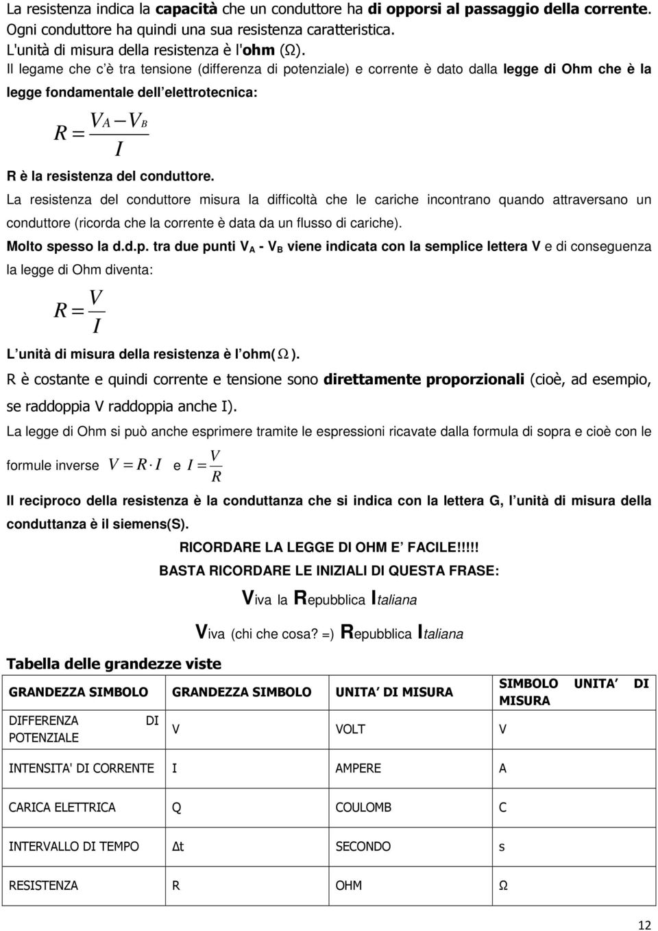 Il legame che c è tra tensione (differenza di potenziale) e corrente è dato dalla legge di Ohm che è la legge fondamentale dell elettrotecnica: R = VA V I R è la resistenza del conduttore.