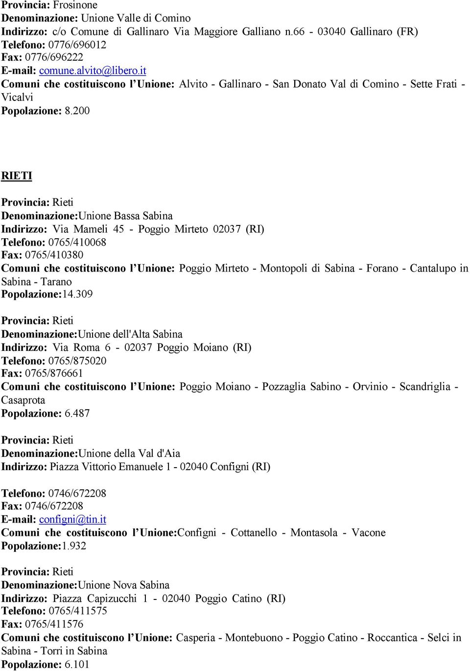 200 RIETI Denominazione:Unione Bassa Sabina Indirizzo: Via Mameli 45 - Poggio Mirteto 02037 (RI) Telefono: 0765/410068 Fax: 0765/410380 Comuni che costituiscono l Unione: Poggio Mirteto - Montopoli
