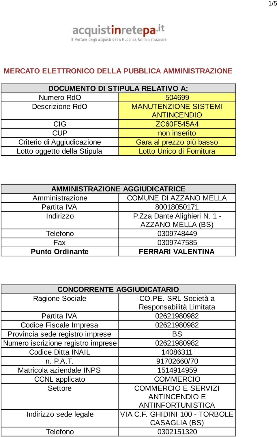 Zza Dante Alighieri N. 1 - AZZANO MELLA (BS) Telefono 0309748449 Fax 0309747585 Punto Ordinante FERRARI VALENTINA CONCORRENTE AGGIUDICATARIO Ragione Sociale CO.PE.