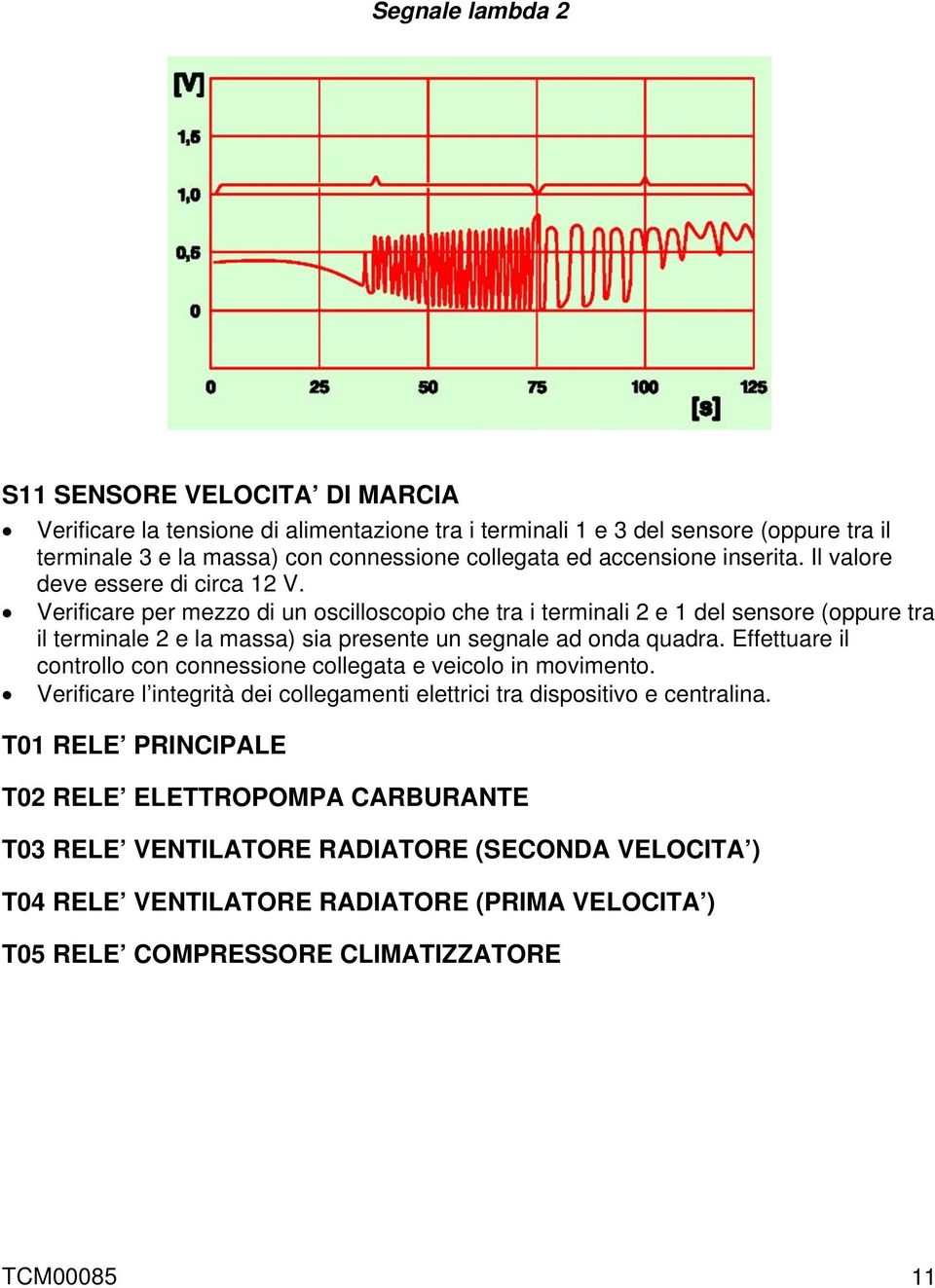 Verificare per mezzo di un oscilloscopio che tra i terminali 2 e 1 del sensore (oppure tra il terminale 2 e la massa) sia presente un segnale ad onda quadra.