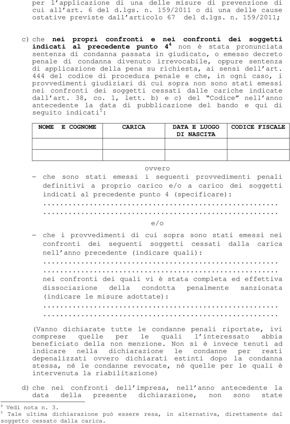 159/2011; c) che nei propri confronti e nei confronti dei soggetti indicati al precedente punto 4 4 non è stata pronunciata sentenza di condanna passata in giudicato, o emesso decreto penale di