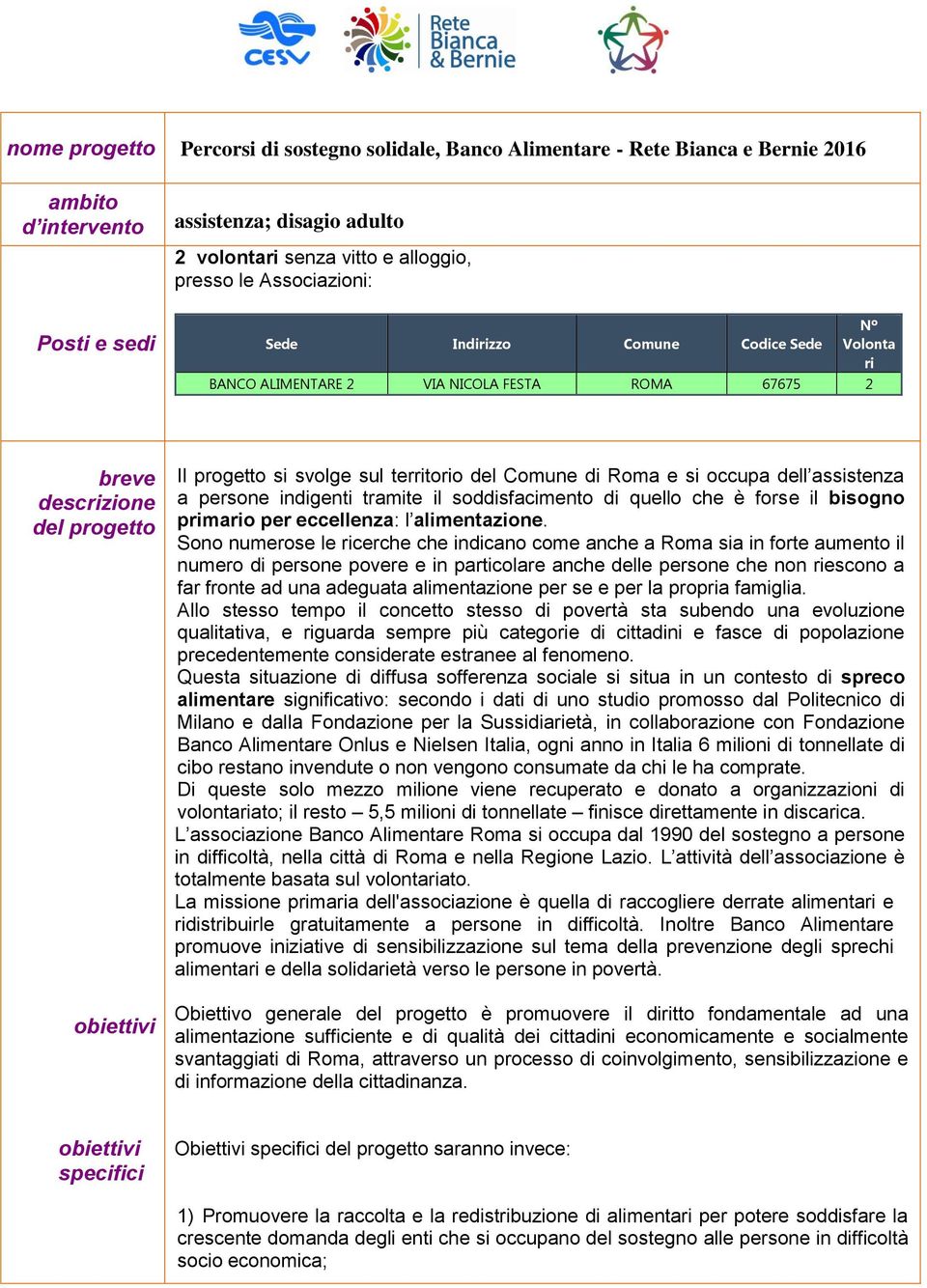 di Roma e si occupa dell assistenza a persone indigenti tramite il soddisfacimento di quello che è forse il bisogno primario per eccellenza: l alimentazione.