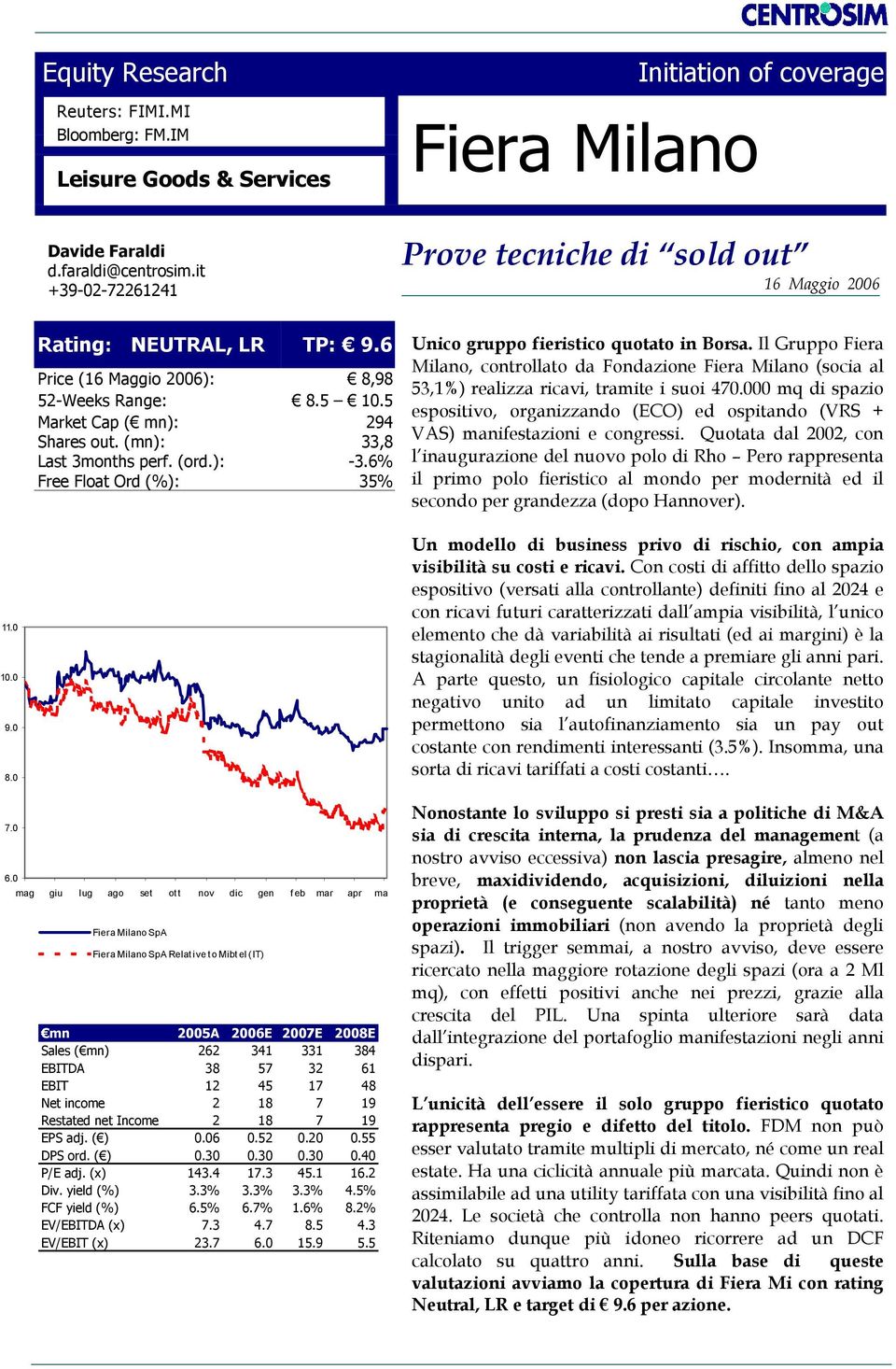 (mn): 33,8 Last 3months perf. (ord.): -3.6% Free Float Ord (%): 35% Unico gruppo fieristico quotato in Borsa.