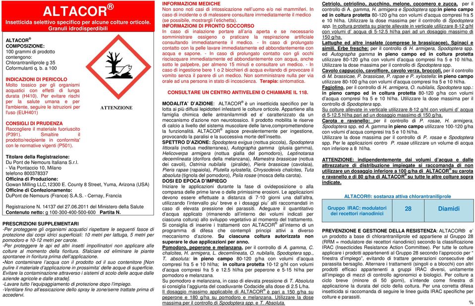 Smaltire il prodotto/recipiente in conformita' con le normative vigenti (P501). Du Pont de Nemours Italiana S.r.l. - Via Pontaccio 10, Milano Gowan Milling LLC,12300 E.