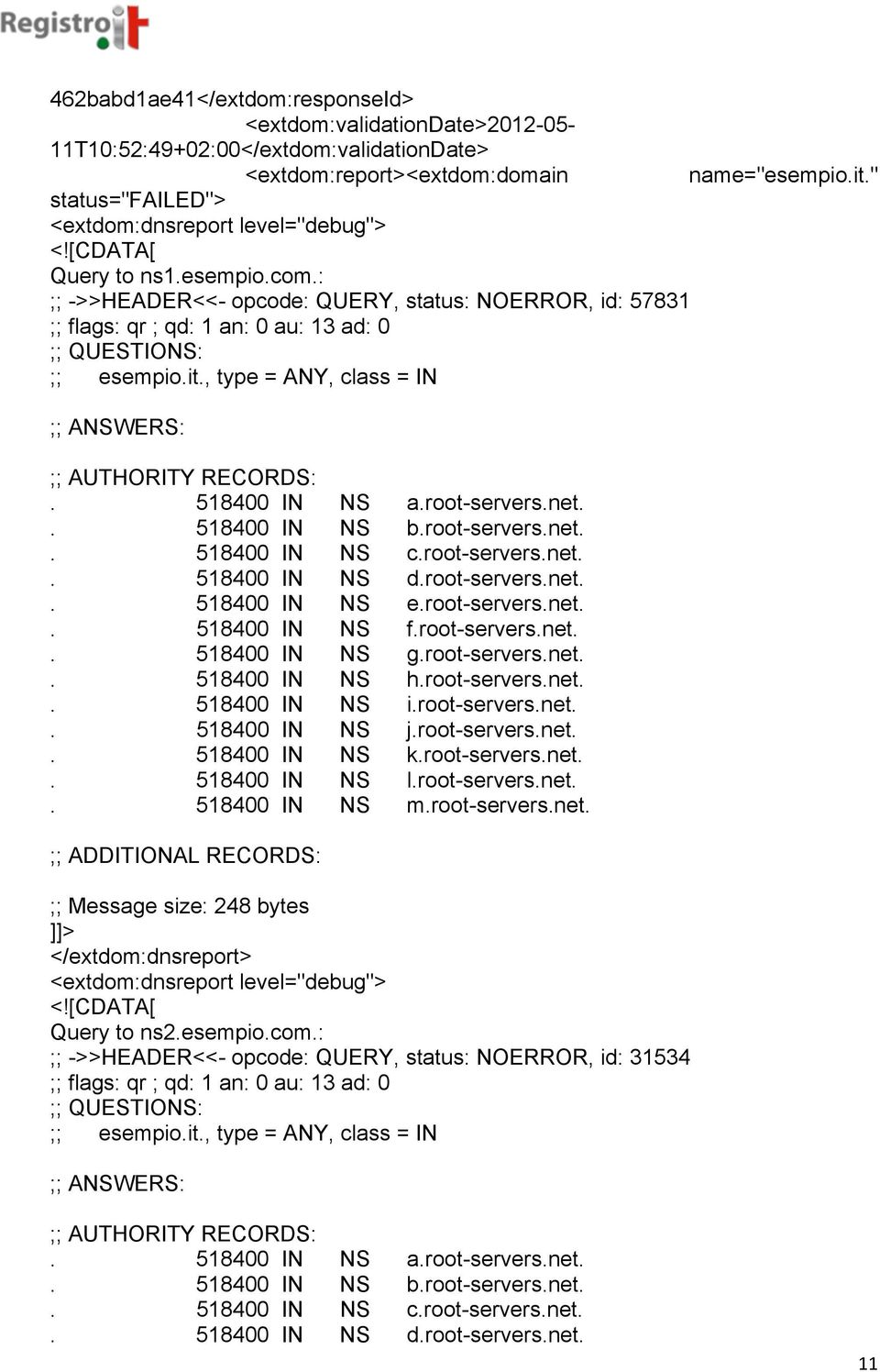 : ;; ->>HEADER<<- opcode: QUERY, status: NOERROR, id: 57831 ;; flags: qr ; qd: 1 an: 0 au: 13 ad: 0 ;; QUESTIONS: ;; esempio.it., type = ANY, class = IN ;; ANSWERS: ;; AUTHORITY RECORDS:.