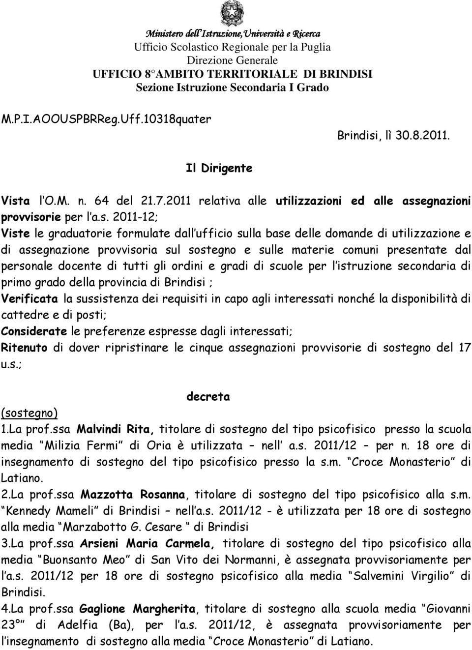 , lì 30.8.2011. Il Dirigente Vist