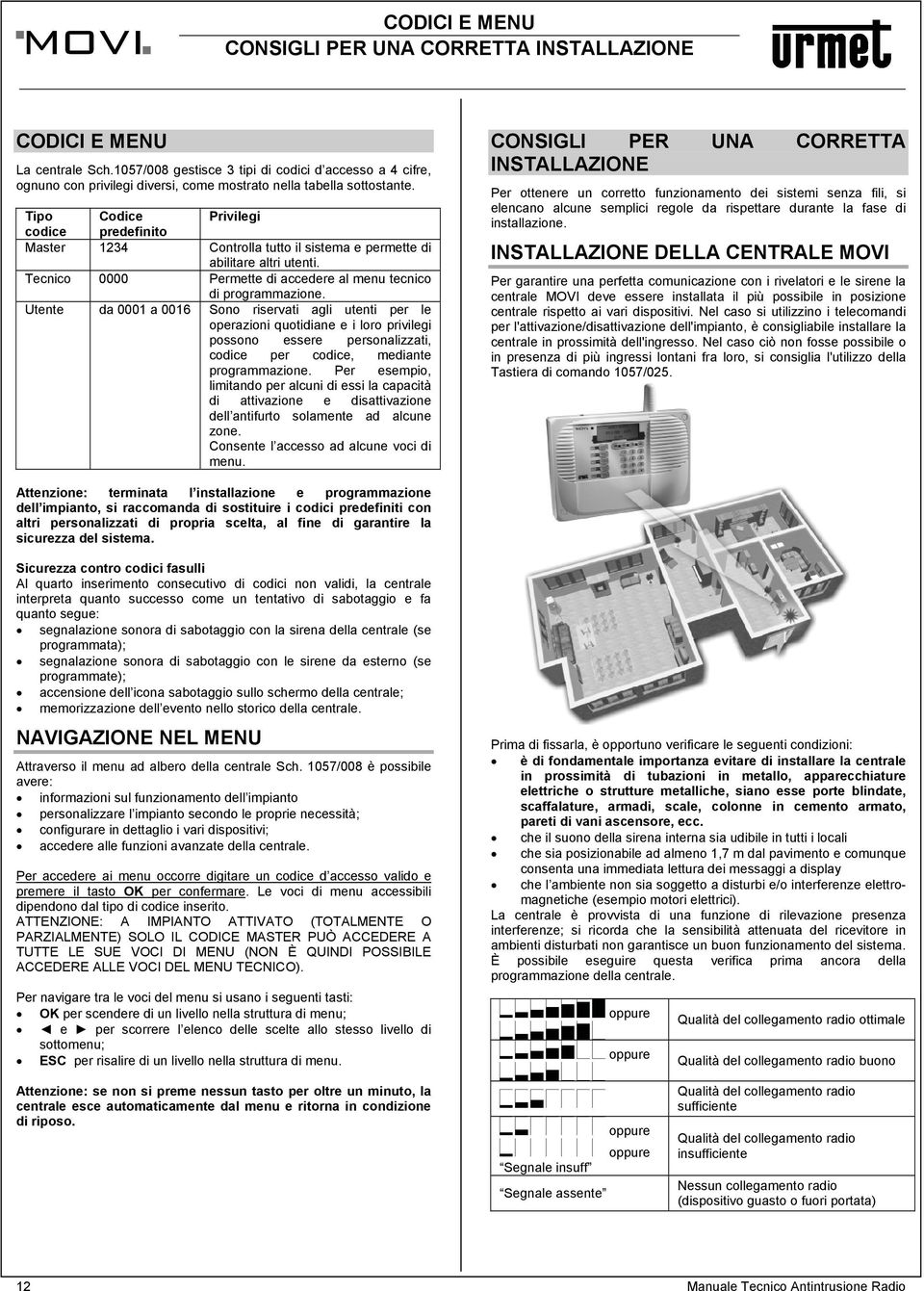 Tipo Codice Privilegi codice predefinito Master 1234 Controlla tutto il sistema e permette di abilitare altri utenti. Tecnico 0000 Permette di accedere al menu tecnico di programmazione.