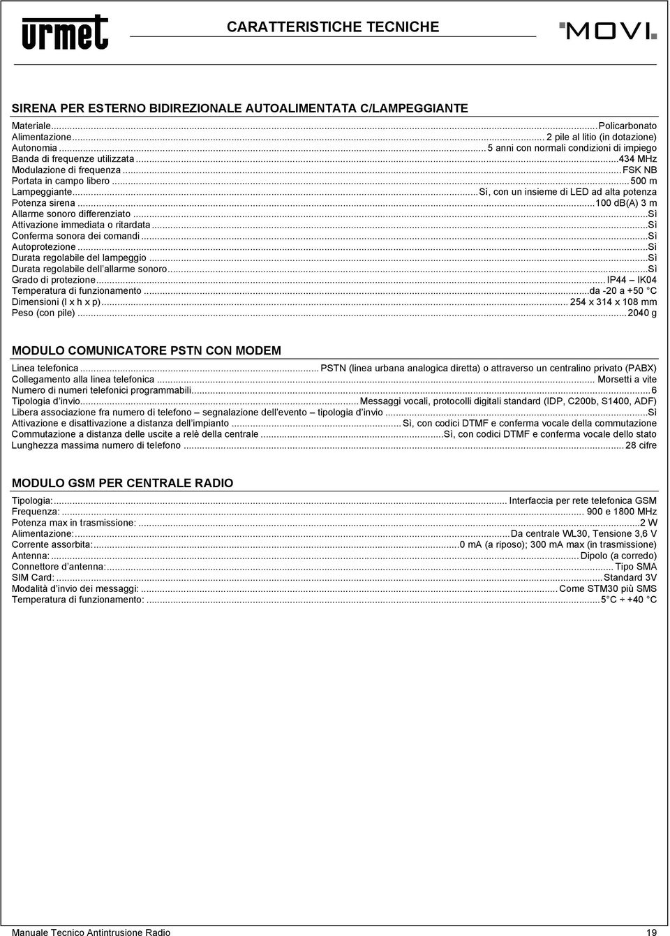 ..Sì, con un insieme di LED ad alta potenza Potenza sirena...100 db(a) 3 m Allarme sonoro differenziato...sì Attivazione immediata o ritardata...sì Conferma sonora dei comandi...sì Autoprotezione.