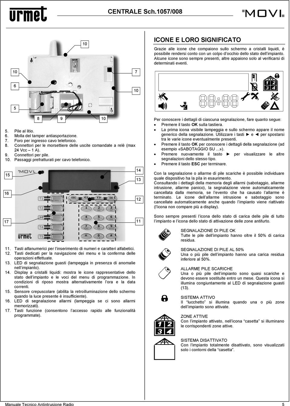 8. Connettori per le morsettiere delle uscite comandate a relè (max 24 Vcc 1 A). 9. Connettori per pile. 10. Passaggi prefratturati per cavo telefonico.