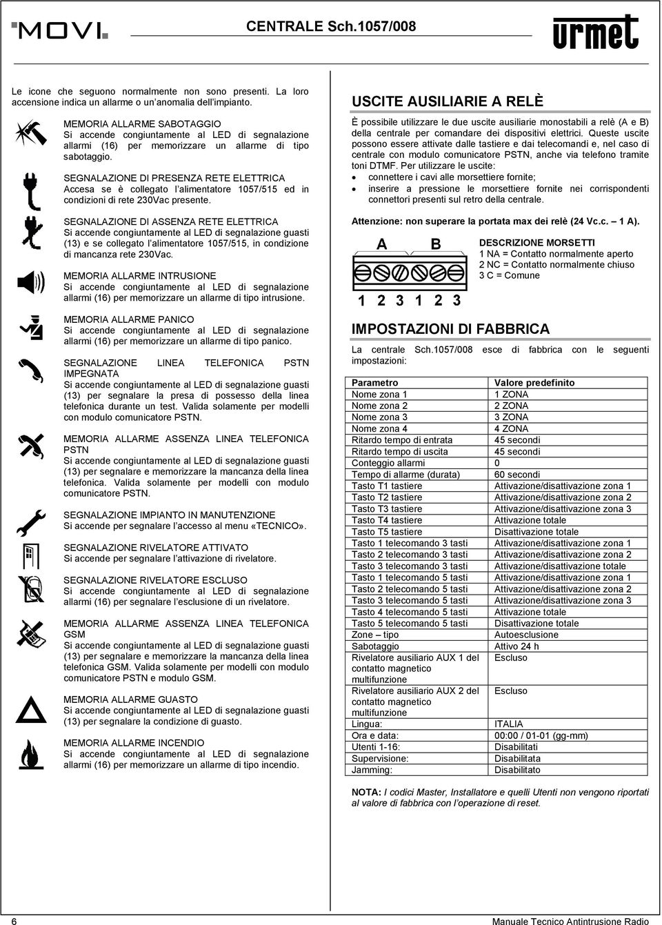 SEGNALAZIONE DI PRESENZA RETE ELETTRICA Accesa se è collegato l alimentatore 1057/515 ed in condizioni di rete 230Vac presente.