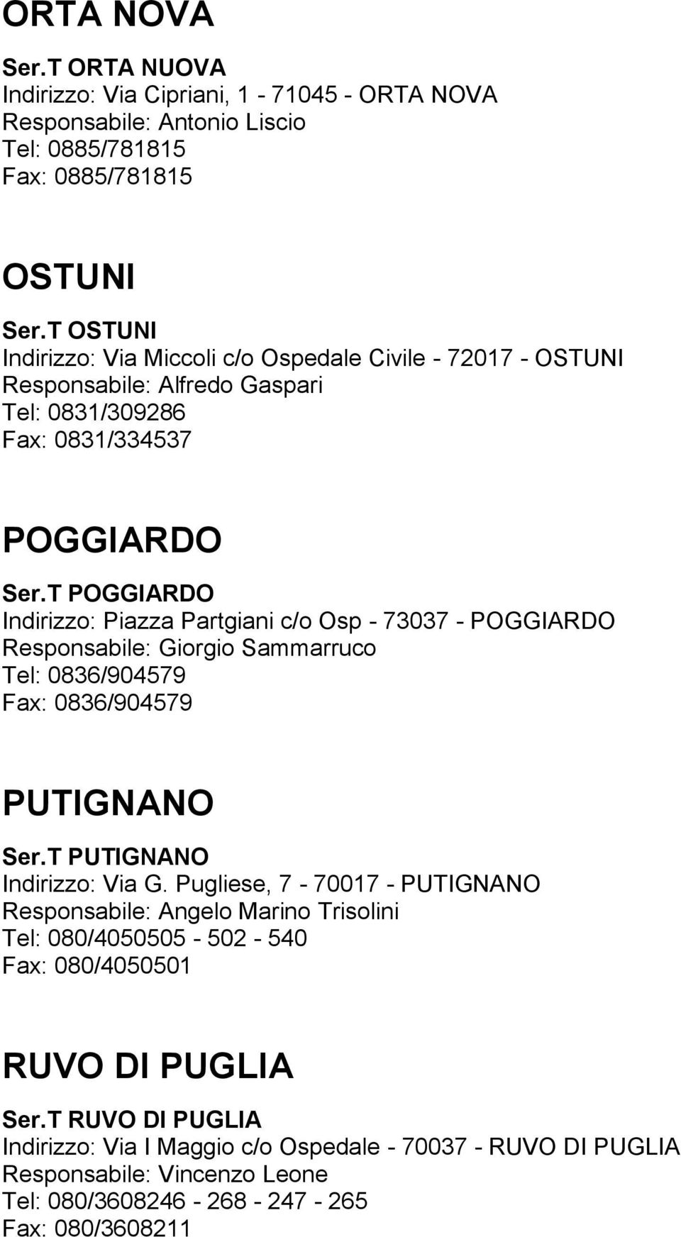 T POGGIARDO Indirizzo: Piazza Partgiani c/o Osp - 73037 - POGGIARDO Responsabile: Giorgio Sammarruco Tel: 0836/904579 Fax: 0836/904579 PUTIGNANO Ser.T PUTIGNANO Indirizzo: Via G.