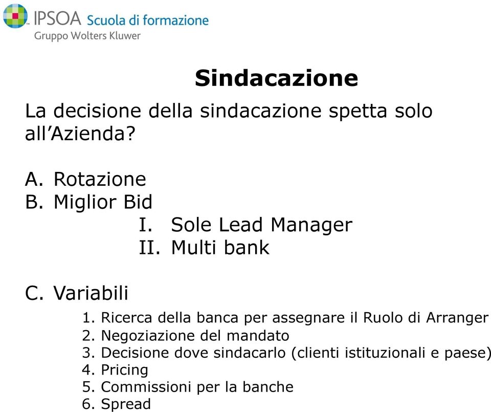 Ricerca della banca per assegnare il Ruolo di Arranger 2. Negoziazione del mandato 3.