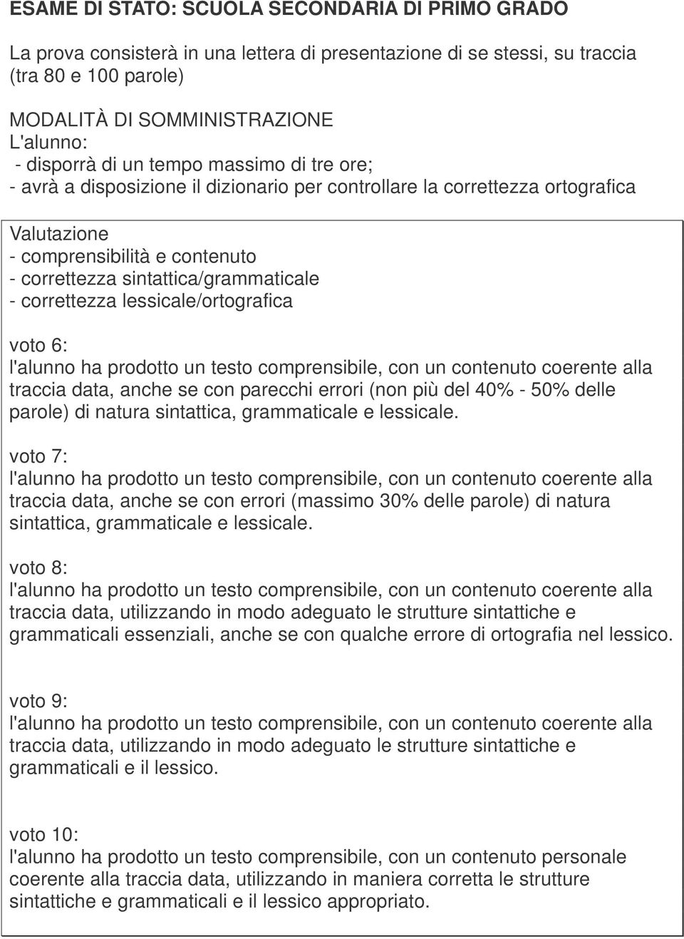 correttezza lessicale/ortografica voto 6: l'alunno ha prodotto un testo comprensibile, con un contenuto coerente alla traccia data, anche se con parecchi errori (non più del 40% - 50% delle parole)