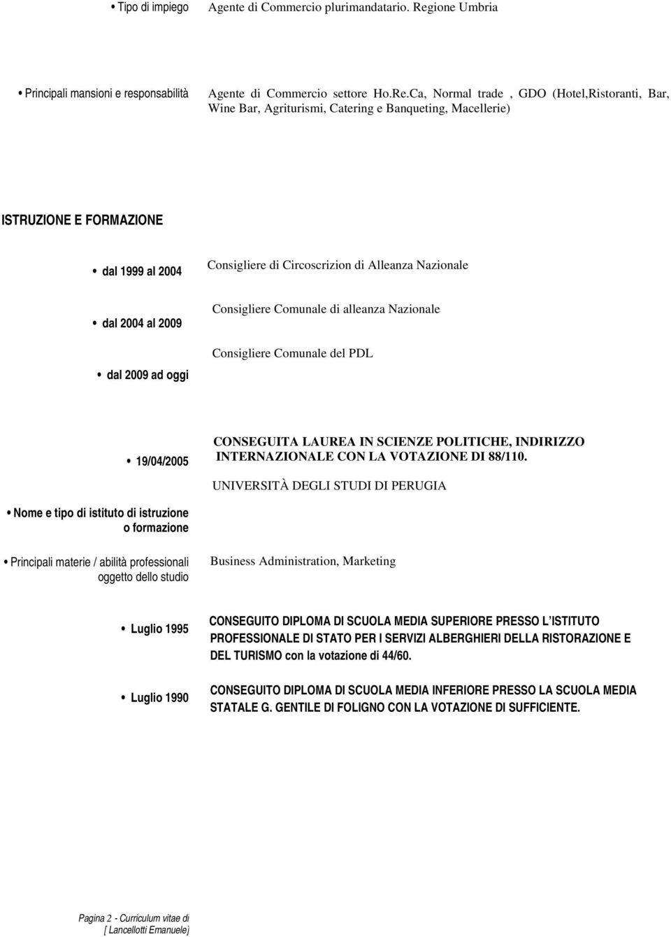 Ca, Normal trade, GDO (Hotel,Ristoranti, Bar, Wine Bar, Agriturismi, Catering e Banqueting, Macellerie) ISTRUZIONE E FORMAZIONE dal 1999 al 2004 Consigliere di Circoscrizion di Alleanza Nazionale dal