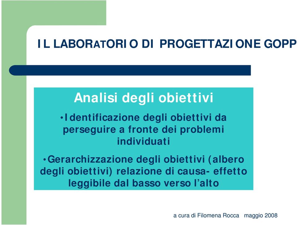 problemi individuati Gerarchizzazione degli obiettivi (albero