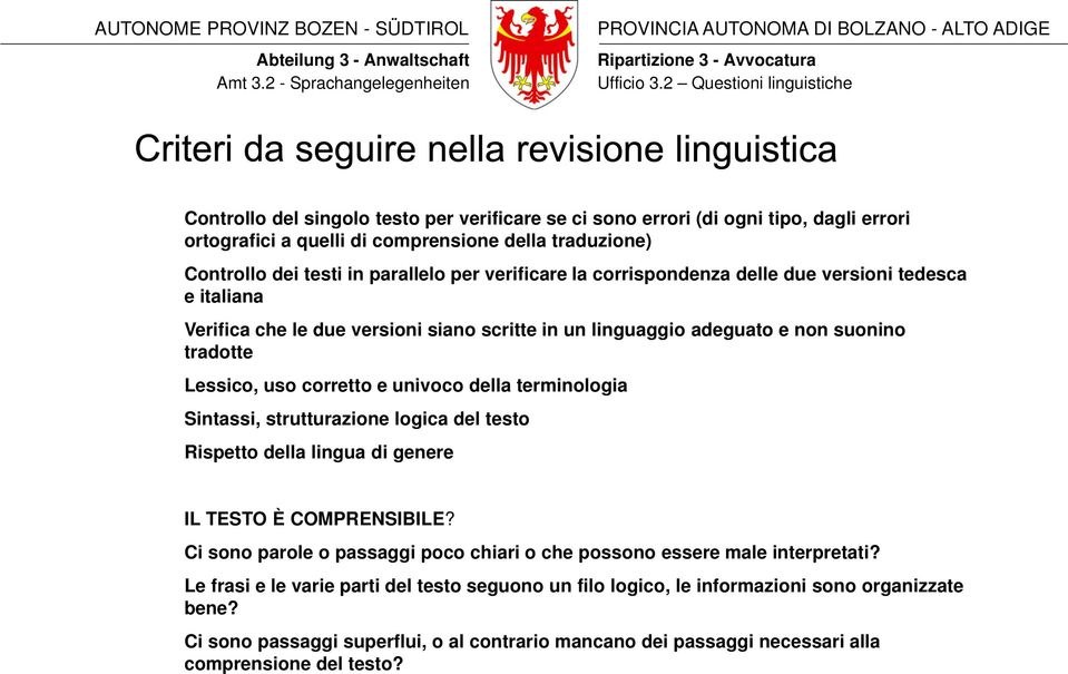 terminologia Sintassi, strutturazione logica del testo Rispetto della lingua di genere IL TESTO È COMPRENSIBILE? Ci sono parole o passaggi poco chiari o che possono essere male interpretati?