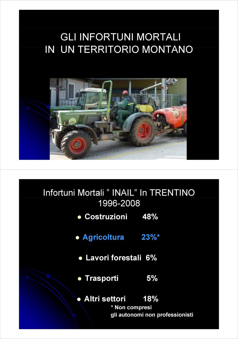 Costruzioni 48% Agricoltura 23%* Lavori forestali 6%