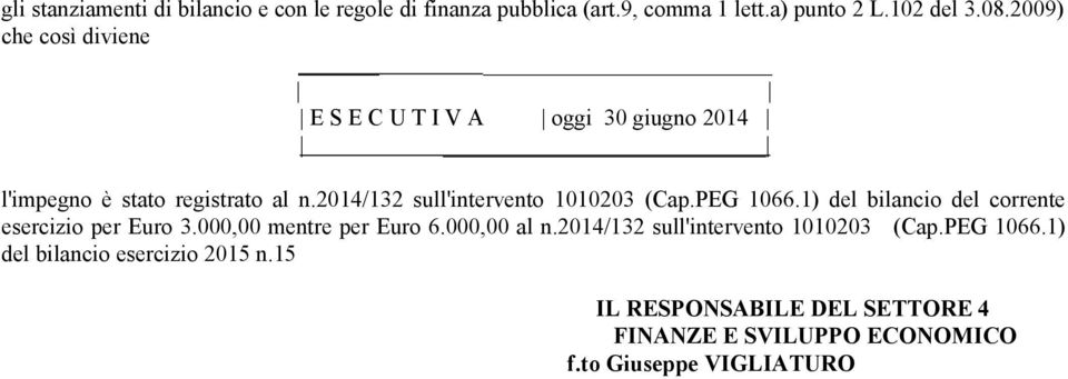 2014/132 sull'intervento 1010203 (Cap.PEG 1066.1) del bilancio del corrente esercizio per Euro 3.000,00 mentre per Euro 6.