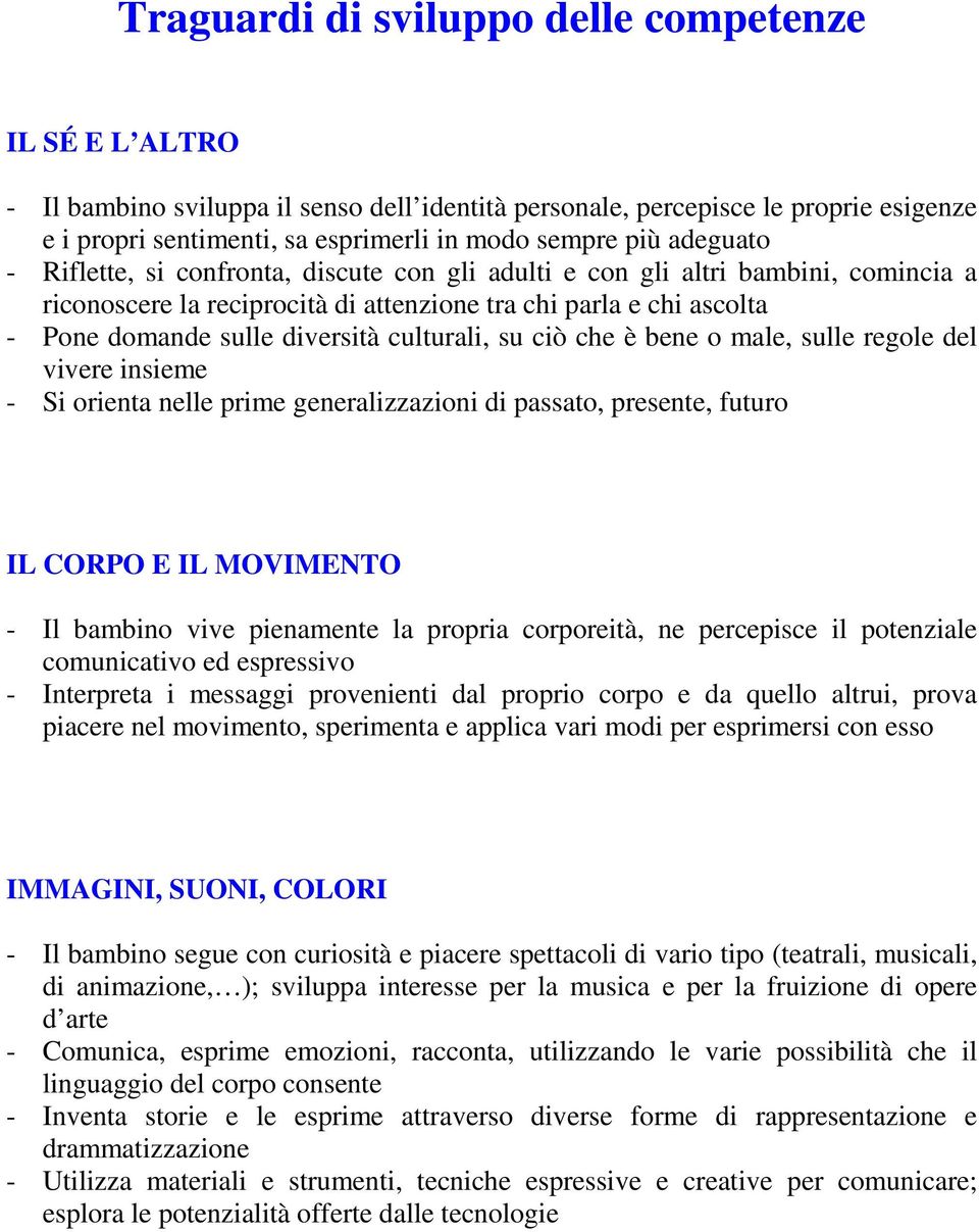 culturali, su ciò che è bene o male, sulle regole del vivere insieme - Si orienta nelle prime generalizzazioni di passato, presente, futuro IL CORPO E IL MOVIMENTO - Il bambino vive pienamente la