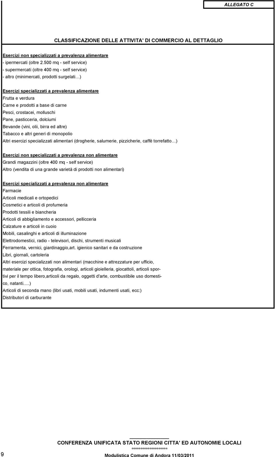 di carne Pesci, crostacei, molluschi Pane, pasticceria, dolciumi Bevande (vini, olii, birra ed altre) Tabacco e altri generi di monopolio Altri esercizi specializzati alimentari (drogherie,