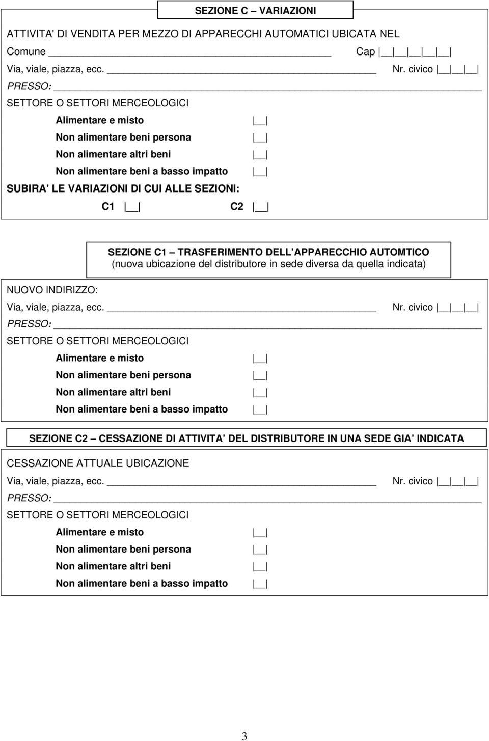 civico Alimentare e misto SEZIONE C1 TRASFERIMENTO DELL APPARECCHIO AUTOMTICO (nuova ubicazione del distributore in sede diversa da quella indicata) Non alimentare beni persona Non