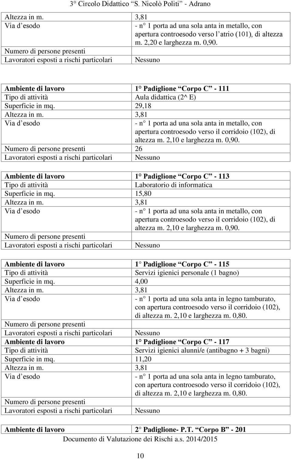 3,81 26 - n 1 porta ad una sola anta in metallo, con apertura controesodo verso il corridoio (102), di altezza m. 2,10 e larghezza m. 0,90.