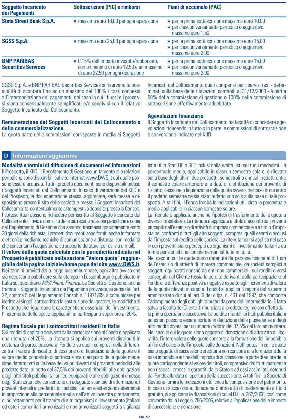 » massimo euro 18,00 per ogni operazione» per la prima sottoscrizione massimo euro 10,00» per ciascun versamento periodico o aggiuntivo massimo euro 1,50 SGSS S.p.A.