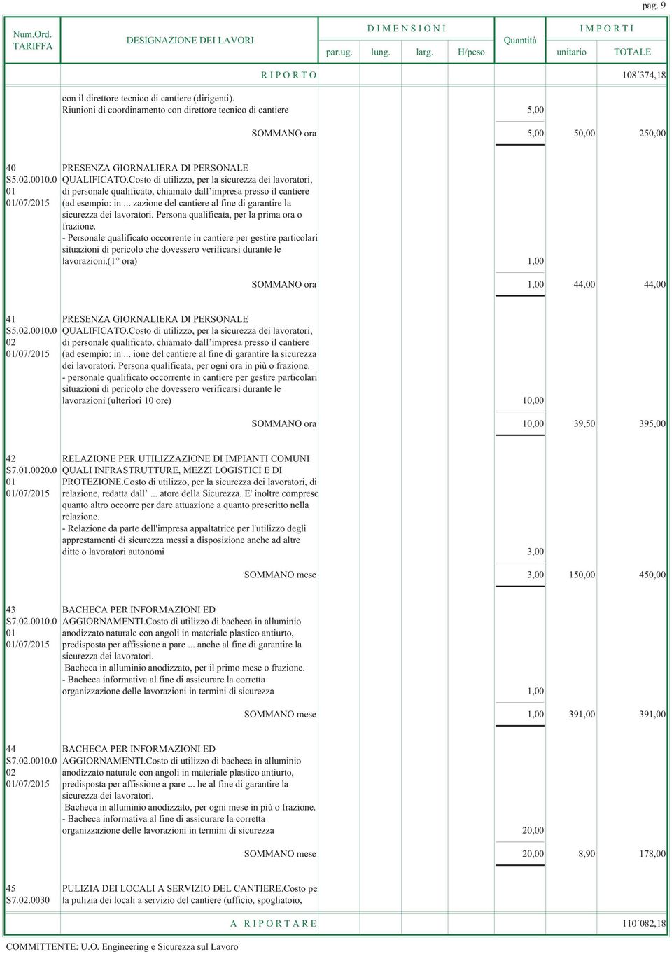 Costo di utilizzo, per la sicurezza dei lavoratori, 01 di personale qualificato, chiamato dall impresa presso il cantiere 01/07/2015 (ad esempio: in.