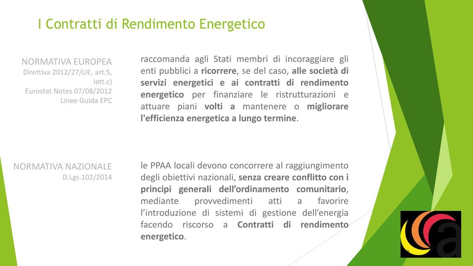 rendimento energetico per finanziare le ristrutturazioni e attuare piani volti a mantenere o migliorare l'efficienza energetica a lungo termine. NORMATIVA NAZIONALE D.Lgs.