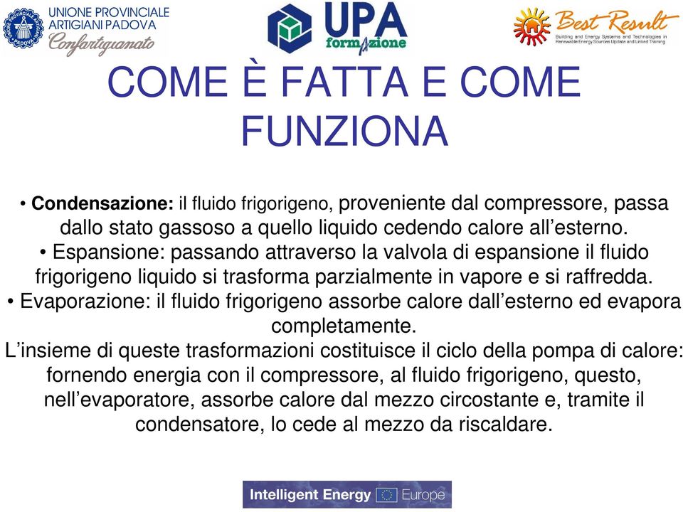 Evaporazione: il fluido frigorigeno assorbe calore dall esterno ed evapora completamente.