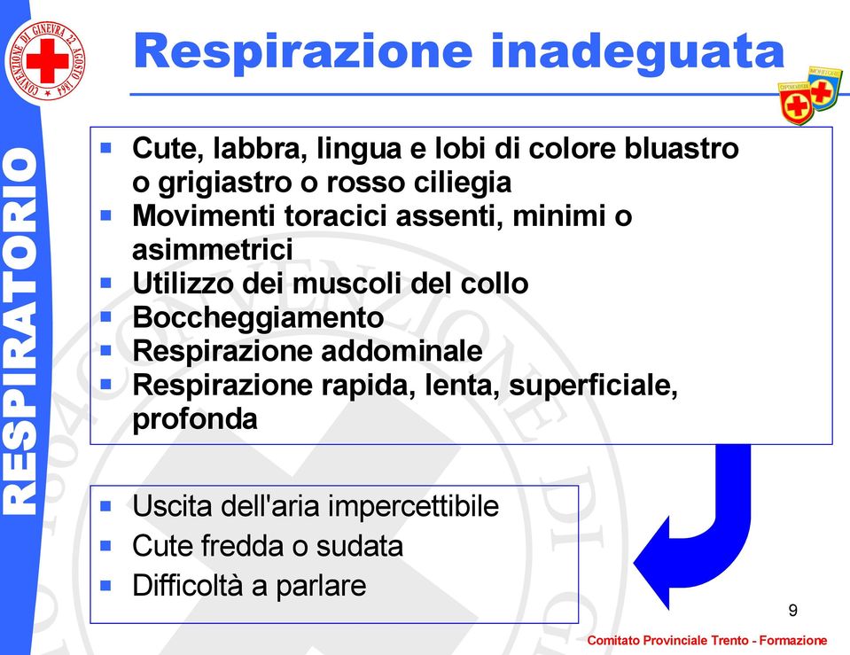 del collo Boccheggiamento Respirazione addominale Respirazione rapida, lenta,