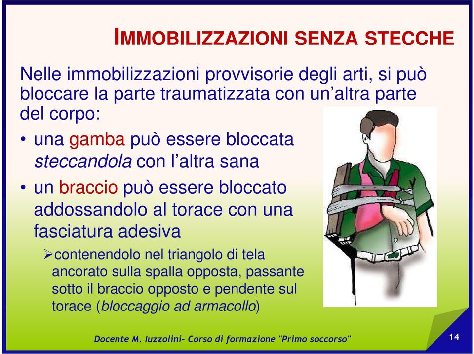 braccio può essere bloccato addossandolo al torace con una fasciatura adesiva contenendolo nel triangolo di