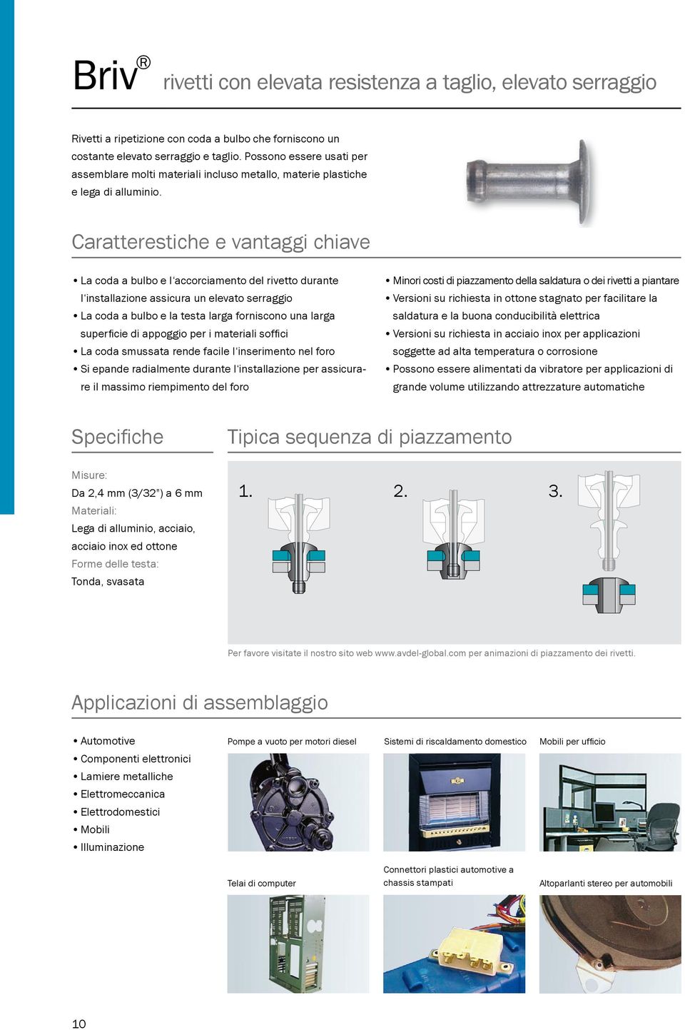 Caratterestiche e vantaggi chiave La coda a bulbo e l accorciamento del rivetto durante l installazione assicura un elevato serraggio La coda a bulbo e la testa larga forniscono una larga superfi cie