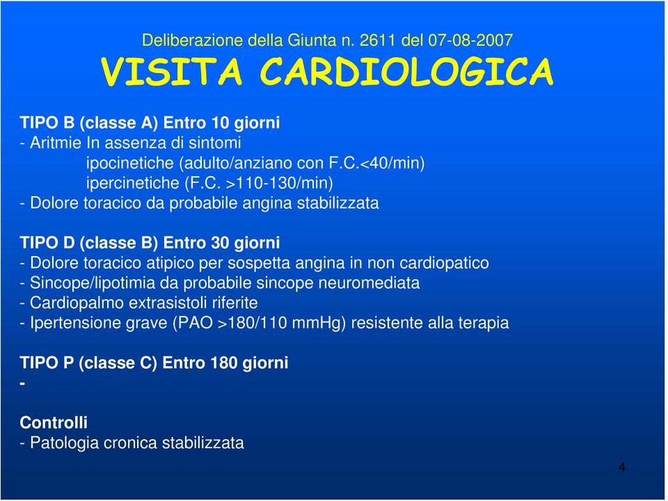 C. >110-130/min) - Dolore toracico da probabile angina stabilizzata TIPO D (classe B) Entro 30 giorni - Dolore toracico atipico per sospetta angina in