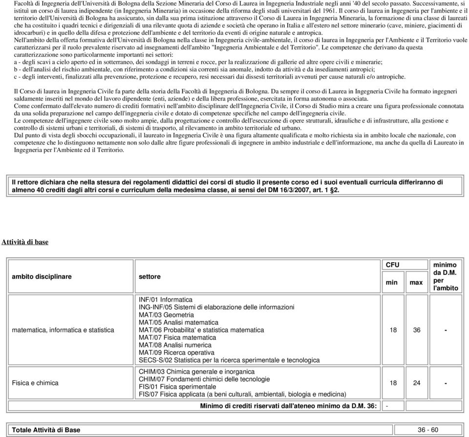 Il corso di laurea in Ingegneria per l'ambiente e il territorio dell'università di Bologna ha assicurato, sin dalla sua prima istituzione attraverso il Corso di Laurea in Ingegneria Mineraria, la