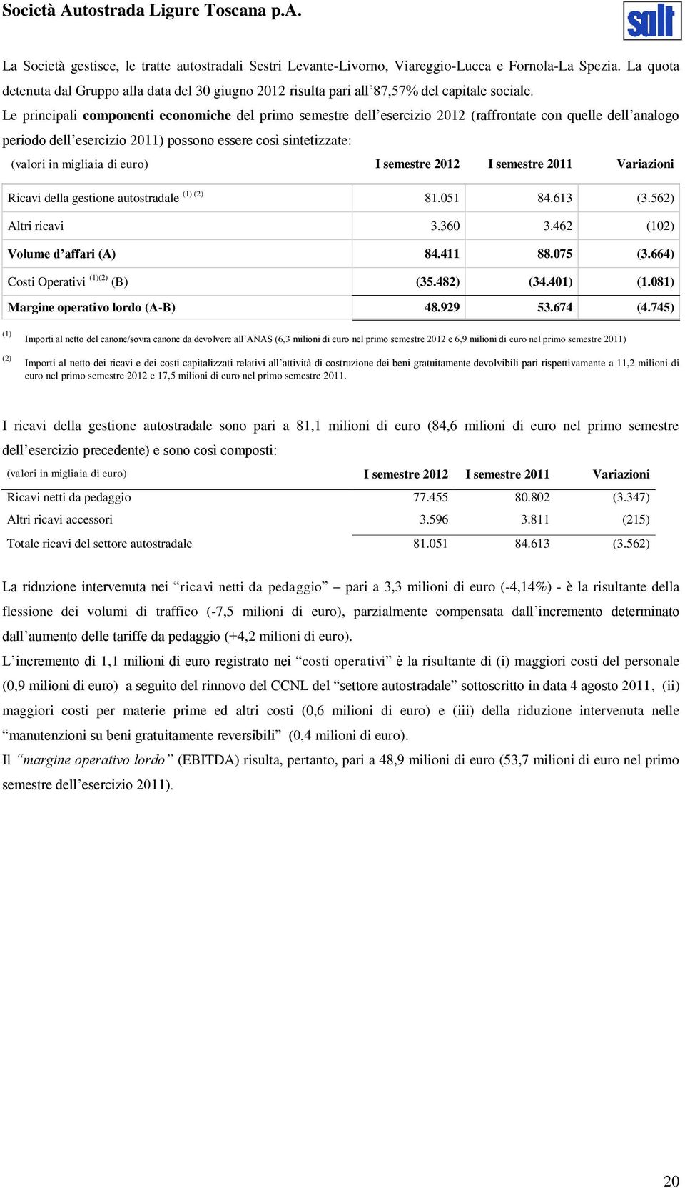 Le principali componenti economiche del primo semestre dell esercizio 2012 (raffrontate con quelle dell analogo periodo dell esercizio 2011) possono essere così sintetizzate: (valori in migliaia di