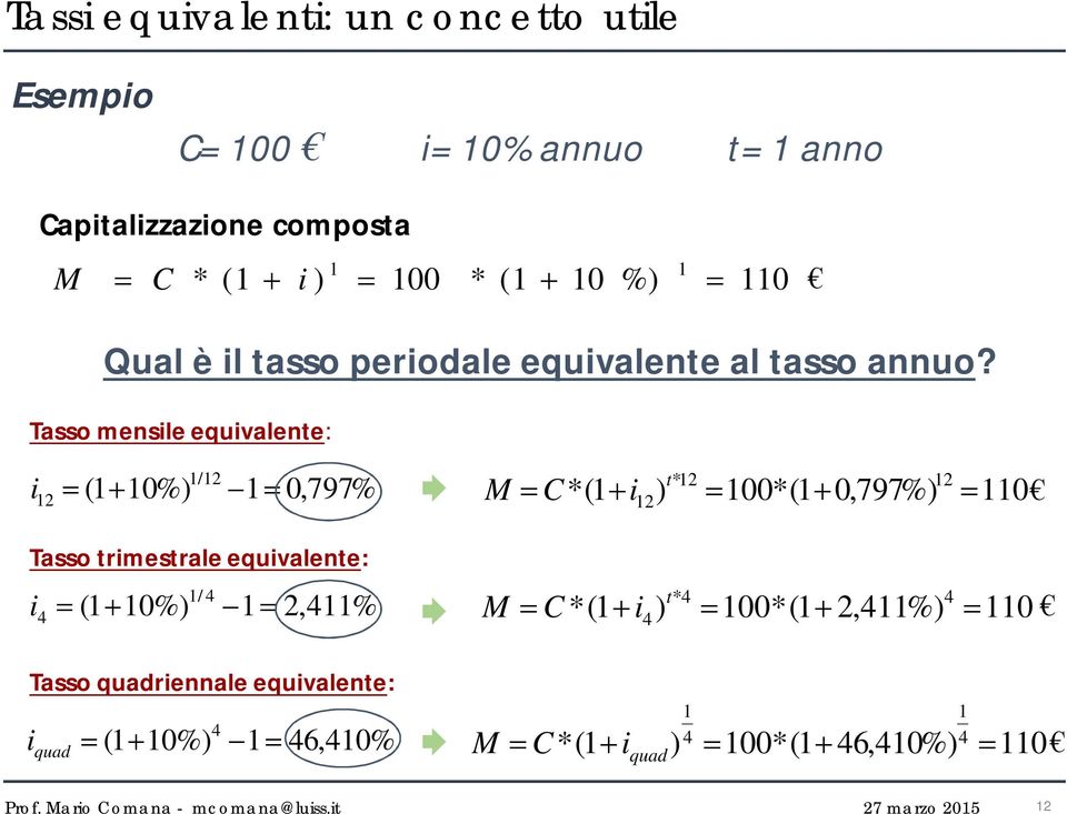 Tasso mensile equivalente: 1/12 i12 (1 10%) 1 0,797% Tasso trimestrale equivalente: 1/ 4 i4 (1 10%) 1 2,411% t*12 12