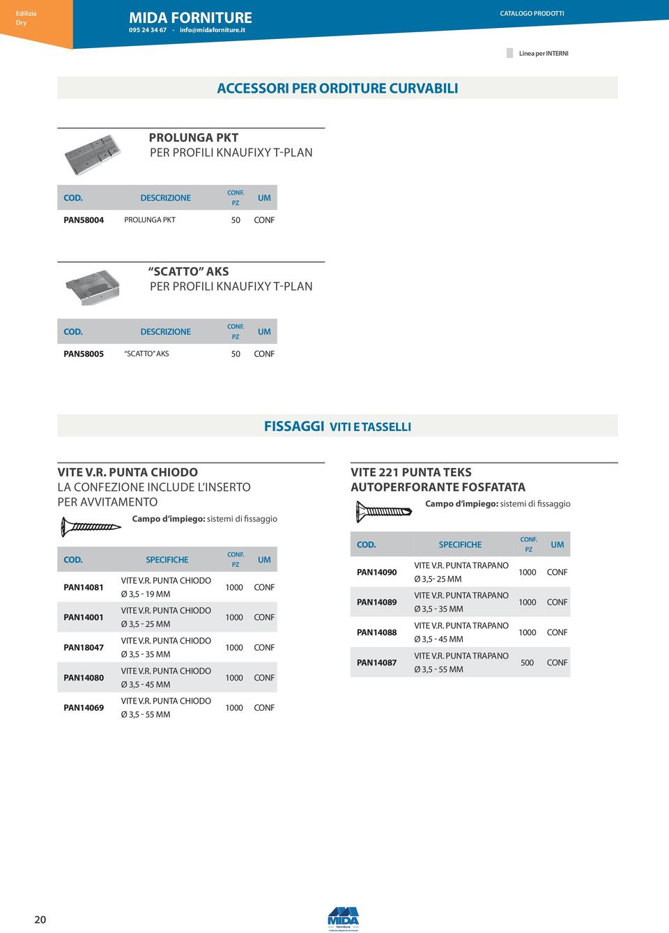 R. punta chiodo Ø 3,5-25 mm Vite V.R. punta chiodo Ø 3,5-35 mm Vite V.R. punta chiodo Ø 3,5-45 mm 1000 CONF 1000 CONF 1000 CONF 1000 CONF PAN14090 PAN14089 PAN14088 PAN14087 Vite V.R. punta TRAPANO Ø 3,5-25 mm Vite V.