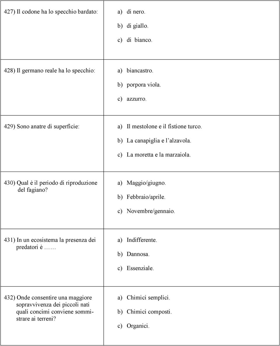 430) Qual è il periodo di riproduzione del fagiano? a) Maggio/giugno. b) Febbraio/aprile. c) Novembre/gennaio.